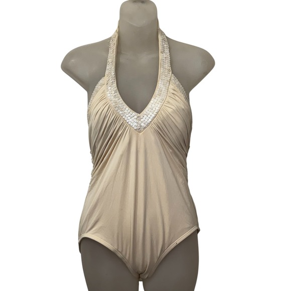 Carmen Marc Valvo One-Piece Swimsuit Sz 10 NWT Ivory Shell Embellished Halter - Picture 2 of 11